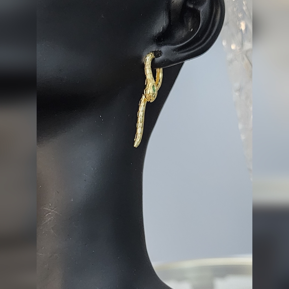 Gold Snake Earrings with Green Accent - Picture 5 of 7